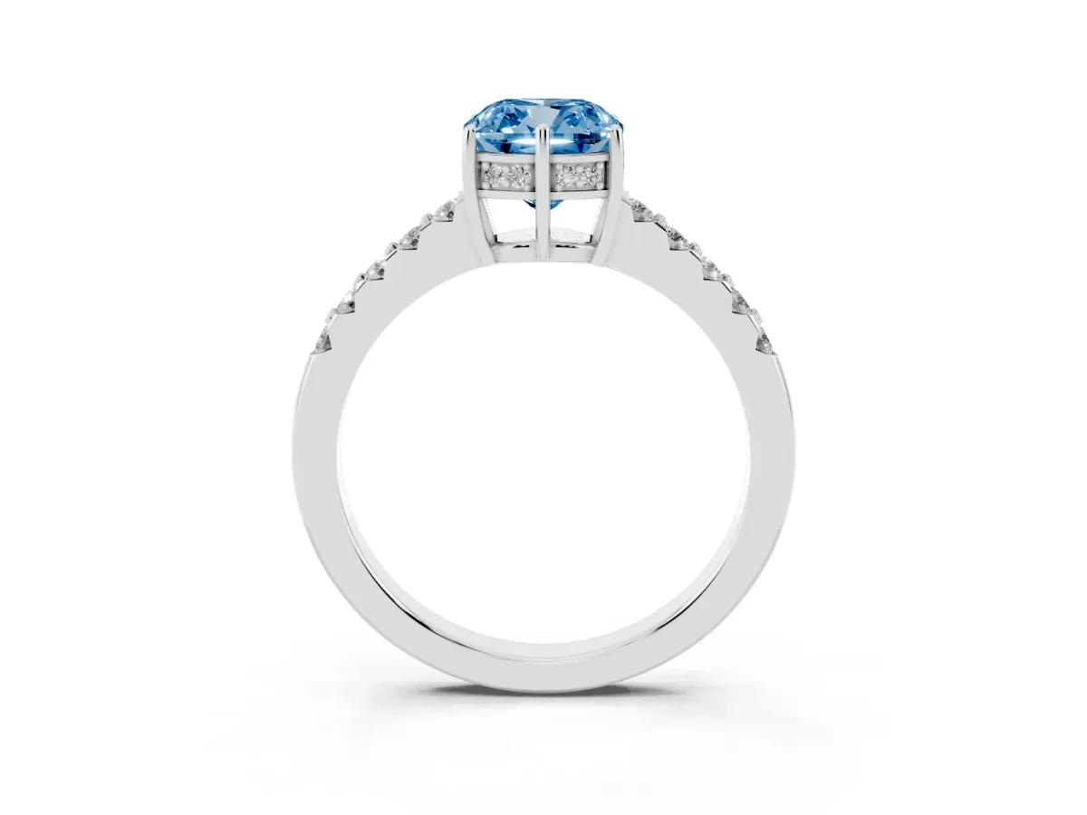 Fancy Blue Cushion Cut Solitaire Diamond Engagement Ring with Pavé Band and Six-Prong Setting Platinum
