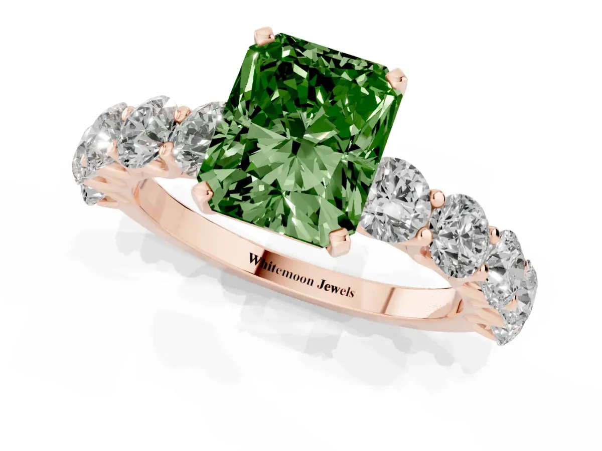 Fancy Green Radiant Cut Diamond Prong Setting with Side Stones on a Pave Band Rose gold