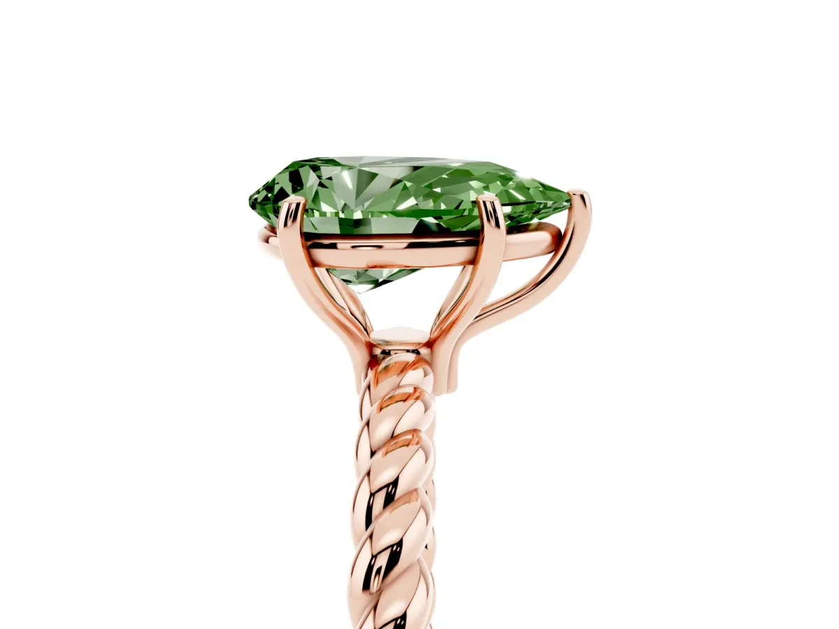 Fancy Green Pear Cut Solitaire Twist Band Ring with Four-Prong Setting Rose gold