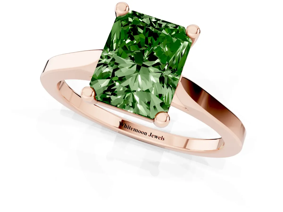 Fancy Green Radiant Cut Solitaire Diamond Ring with Four-Prong Setting and Tapered Band Rose gold