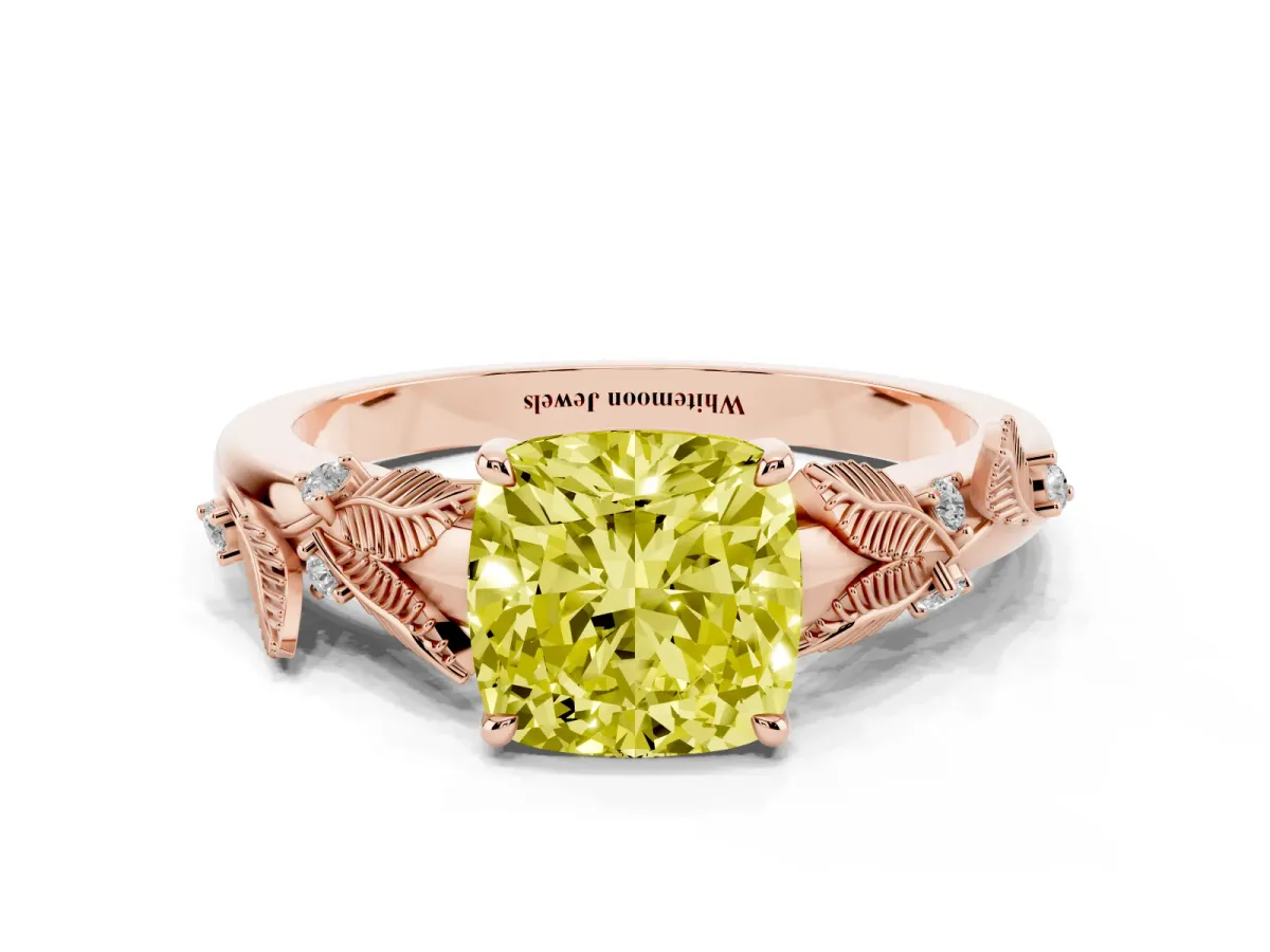 Fancy Yellow Cushion Cut Diamond Solitaire Ring with Leaf Motif Band and Four-Prong Setting Rose gold