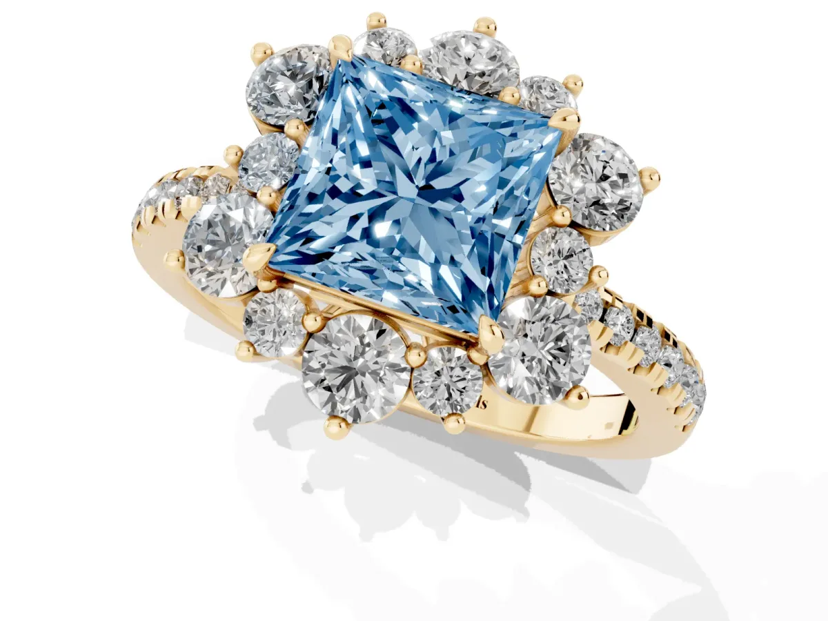 Fancy Blue Princess Cut Diamond Floral Halo Ring with Round Pavé Band and Prong Setting Yellow gold
