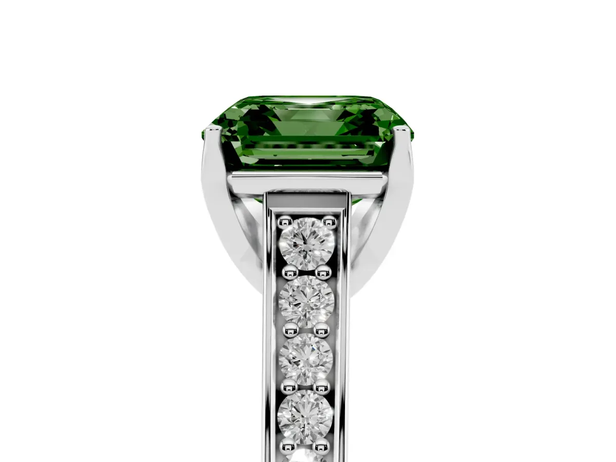 Fancy Green Asscher Cut Brilliant Cut Diamond Engagement Ring with Pavé Band and Four-Prong Setting Platinum