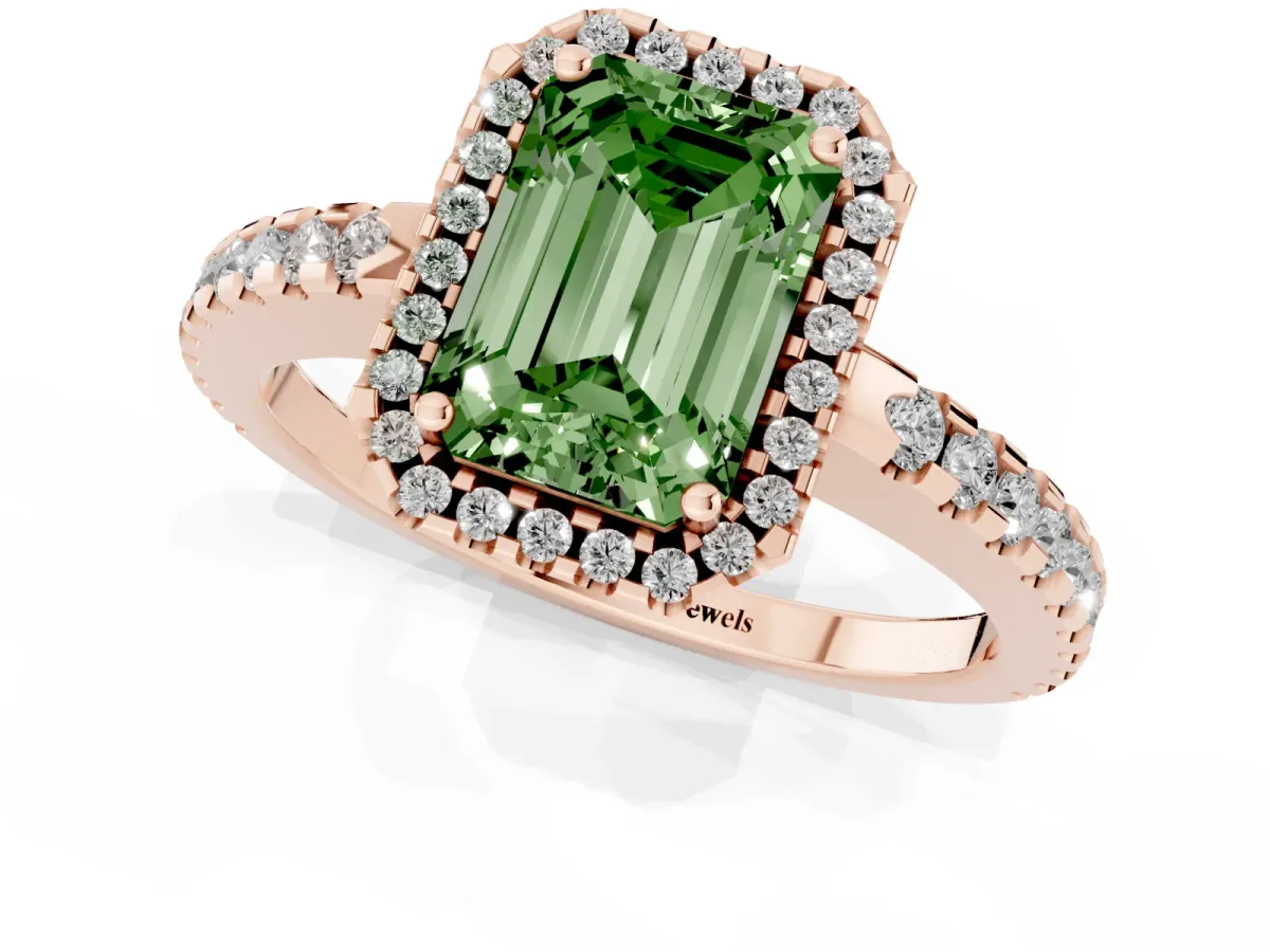 Fancy Green Emerald Cut Diamond Halo Engagement Ring with Pavé Band and Prong Setting Rose gold