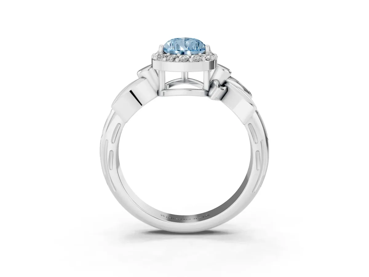 Fancy Blue Pear Cut Halo Diamond Floral Band with Four-Prong Setting Silver