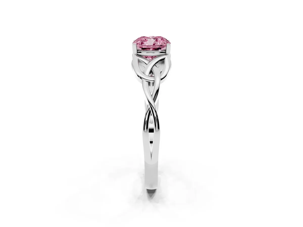 Fancy Pink Cushion Cut Diamond Solitaire Engagement Ring with Celtic Knot Band and Four-Prong Setting Platinum