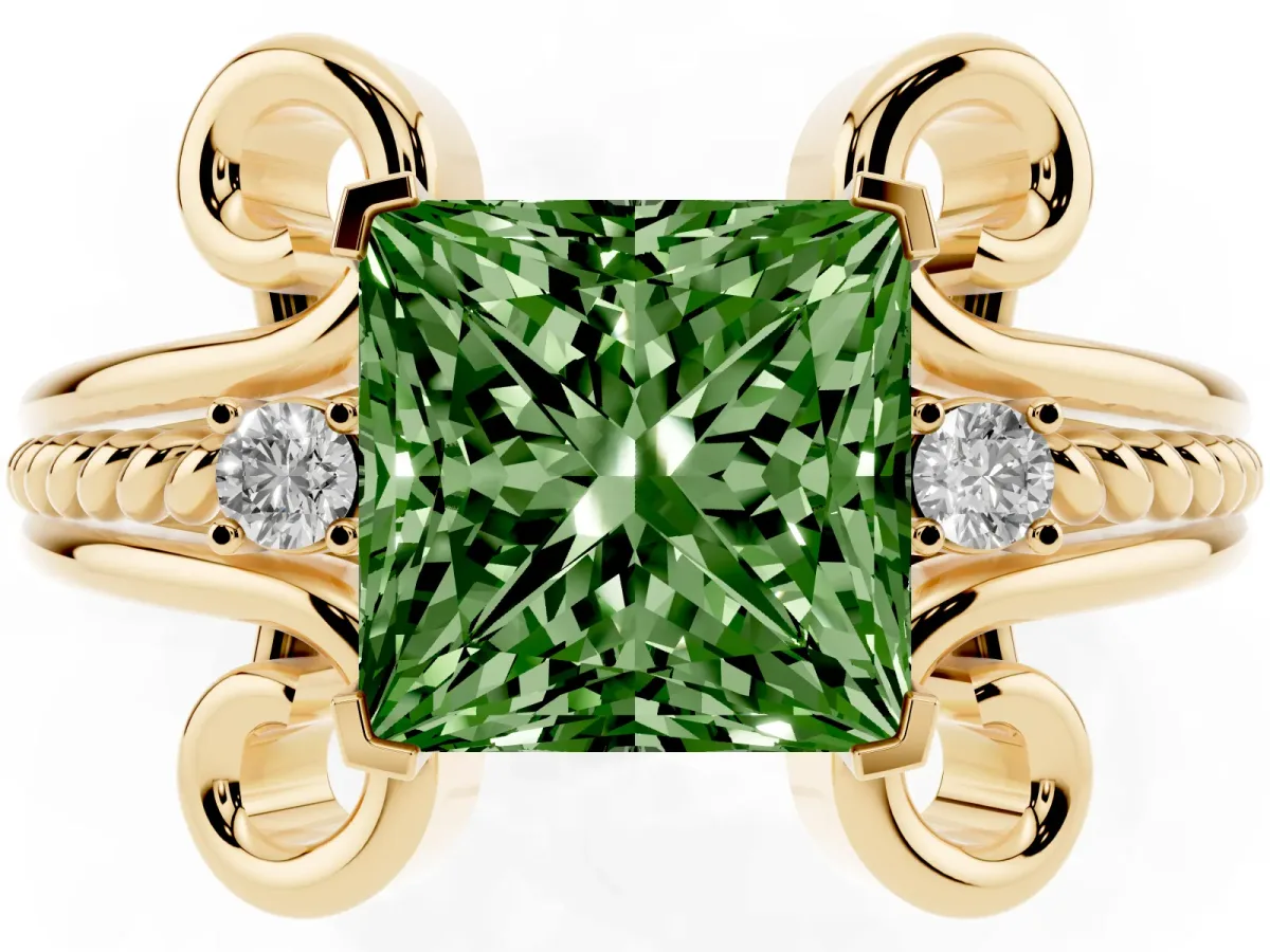Fancy Green Princess Cut Solitaire Twisted Band Scroll Prong Ring Yellow gold