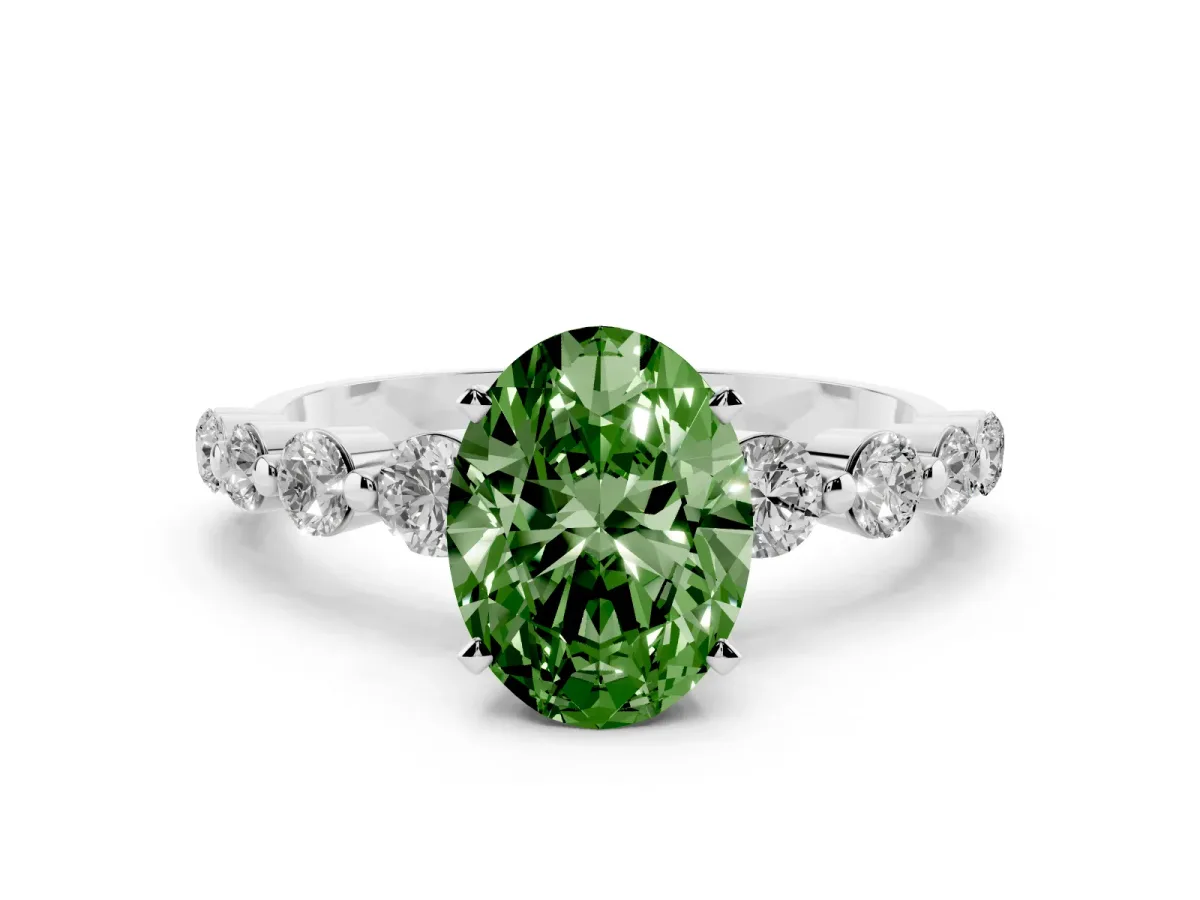 Fancy Green Oval Cut Solitaire Diamond Ring with Pave Band and Four-Prong Setting Silver