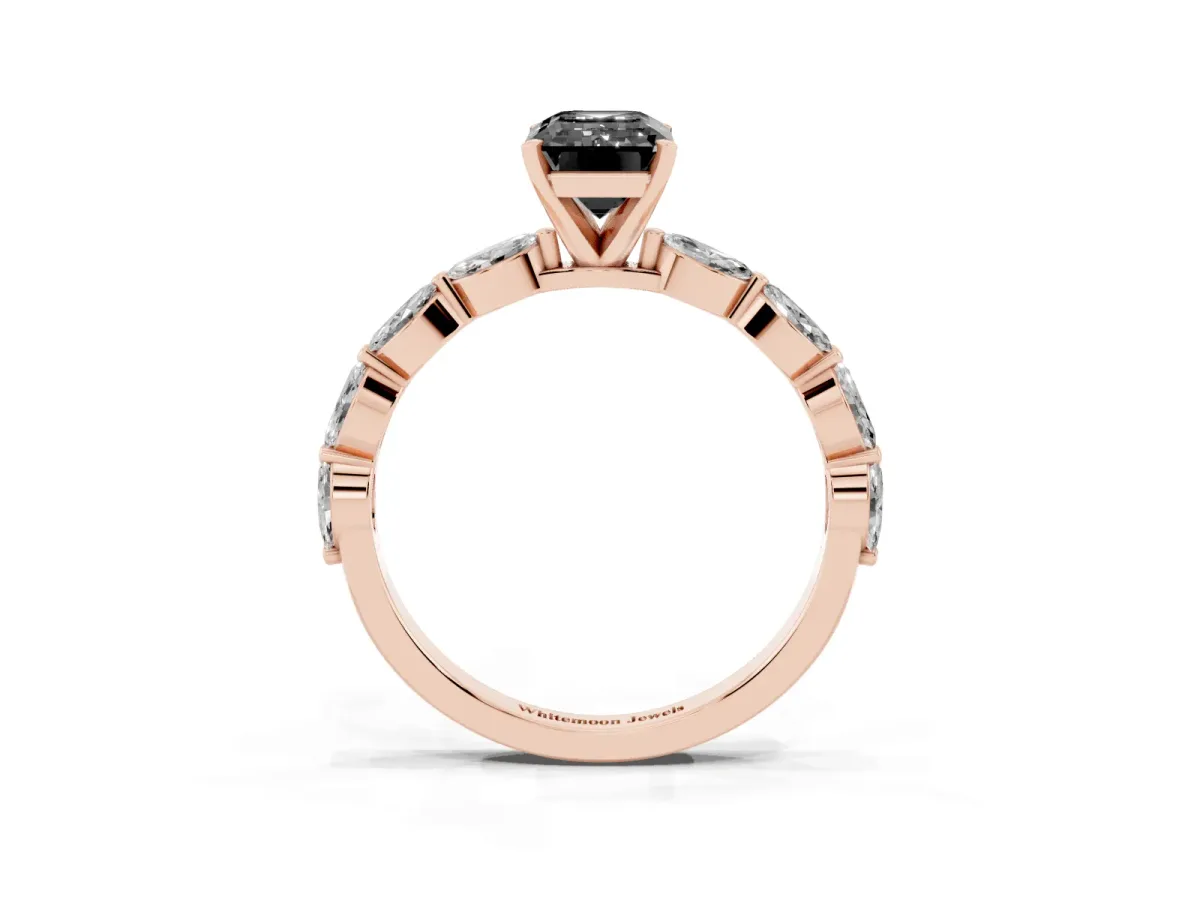 Fancy Black Emerald Cut Diamond Ring with Marquise Side Stones and Prong Setting Rose gold