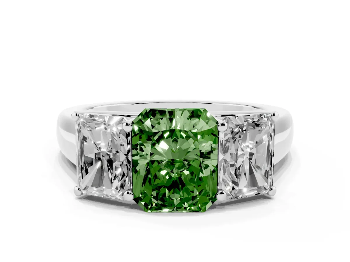 Fancy Green Radiant Cut Three-Stone Diamond Ring with Prong Setting on a Classic Band Silver