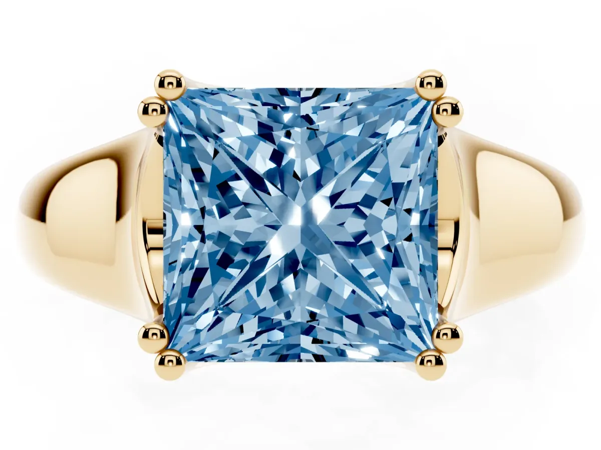 Fancy Blue Princess Cut Diamond Solitaire Ring with Wide Band and Prong Setting Yellow gold