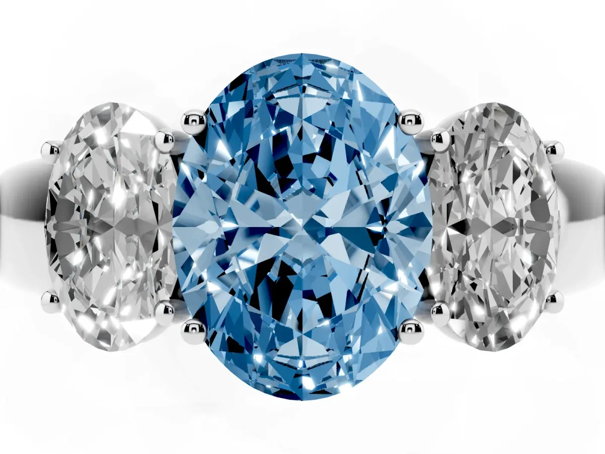 Fancy Blue Three-Stone Oval Cut Cut Diamond Ring with Prong Setting and Classic Band Silver