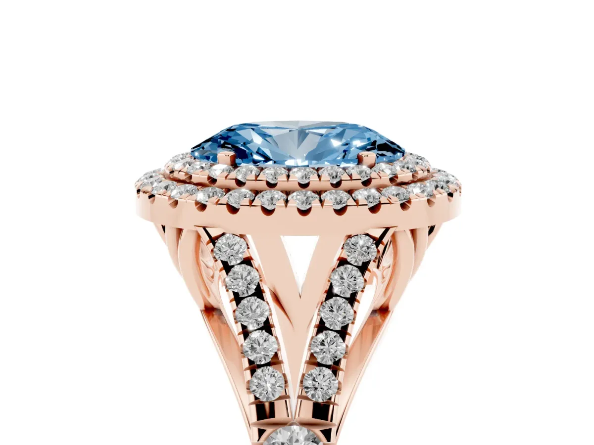 Fancy Blue Oval Cut Cut Double Halo Split Shank Diamond Ring with Prong Setting Rose gold