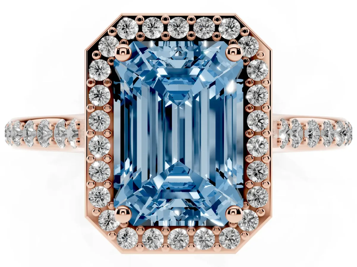 Fancy Blue Emerald Cut Diamond Halo Engagement Ring with Round Pavé Shoulders and Prong Setting Rose gold