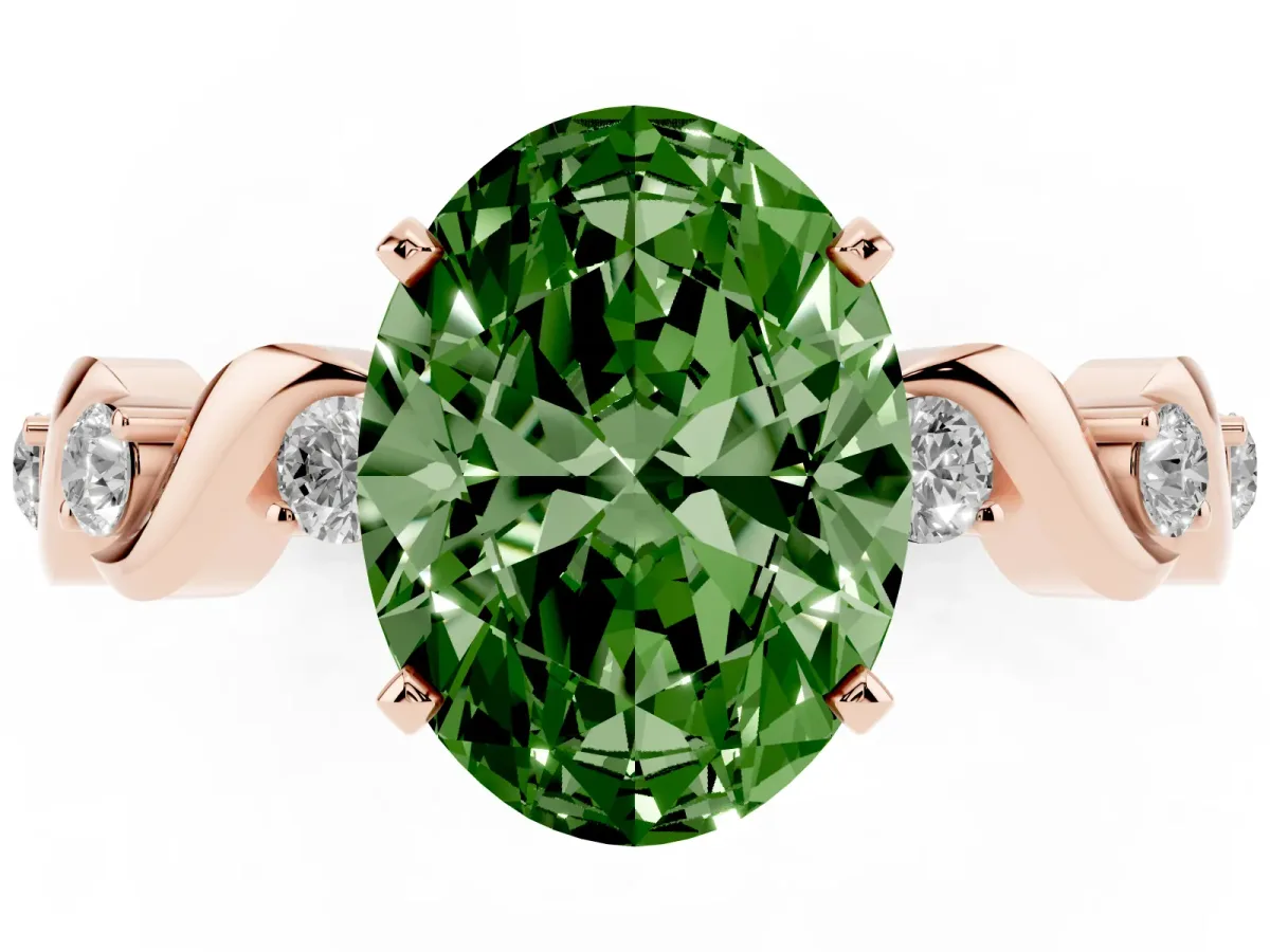 Fancy Green Oval Cut Diamond Solitaire Twisted Band with Round Accents and Prong Setting Rose gold