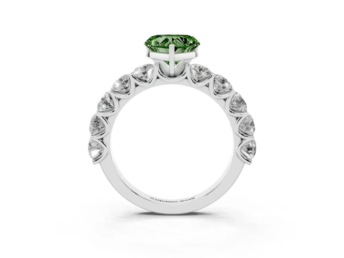 Fancy Green Heart Cut Diamond Prong Setting with Side Stones on a Pave Band White gold
