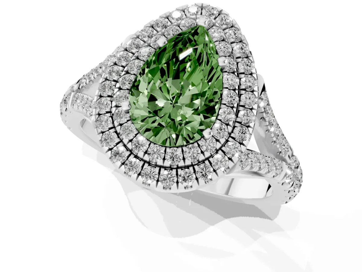 Fancy Green Double Halo Pear Cut Diamond Split Shank Engagement Ring with Four-Prong Setting Silver