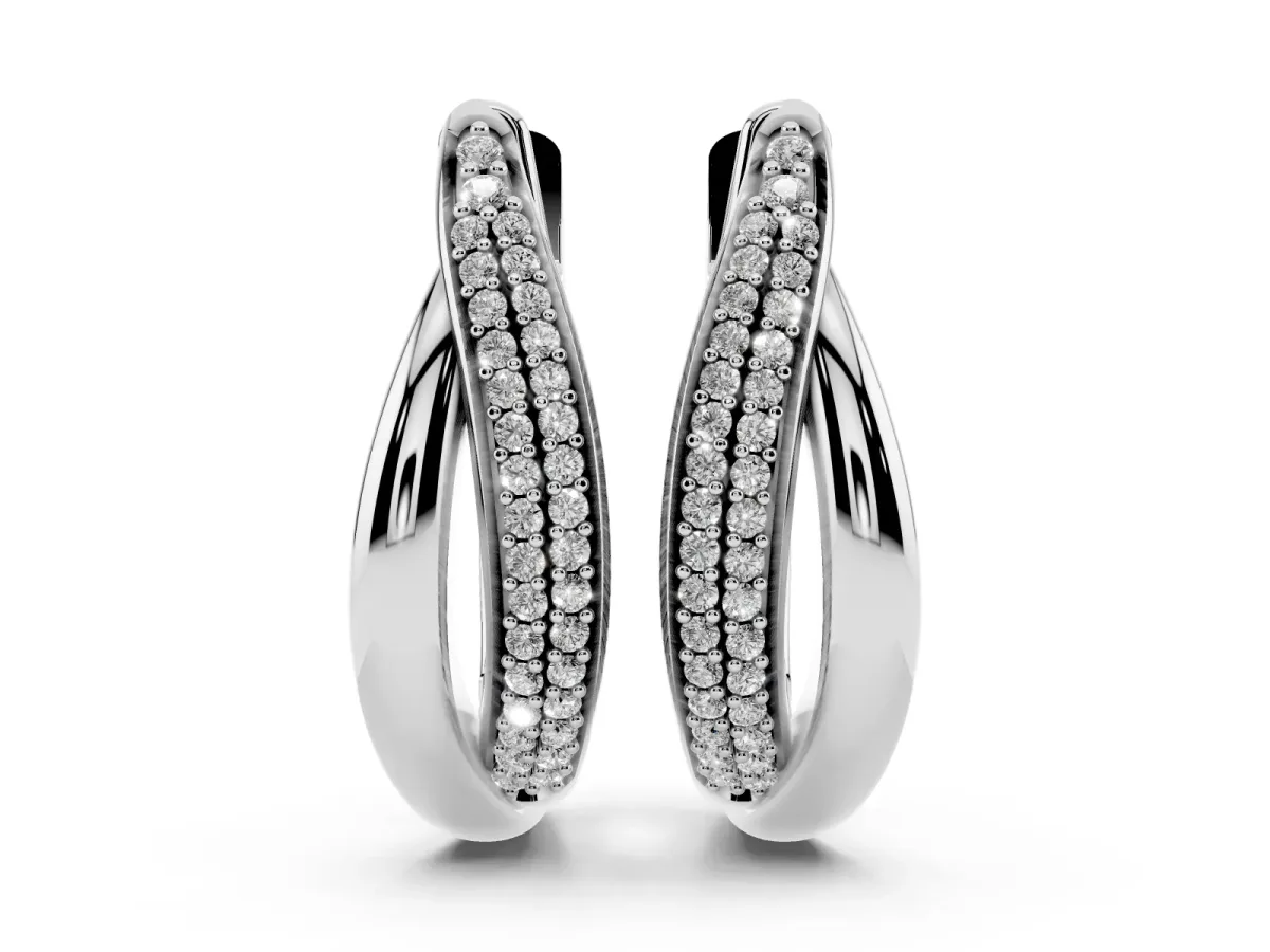Round Diamond Double Row Huggie Hoop Earrings Silver
