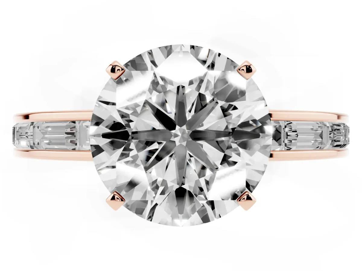 Round Cut Solitaire Diamond Ring with Channel-Set Baguette Band and Four-Prong Setting Rose gold