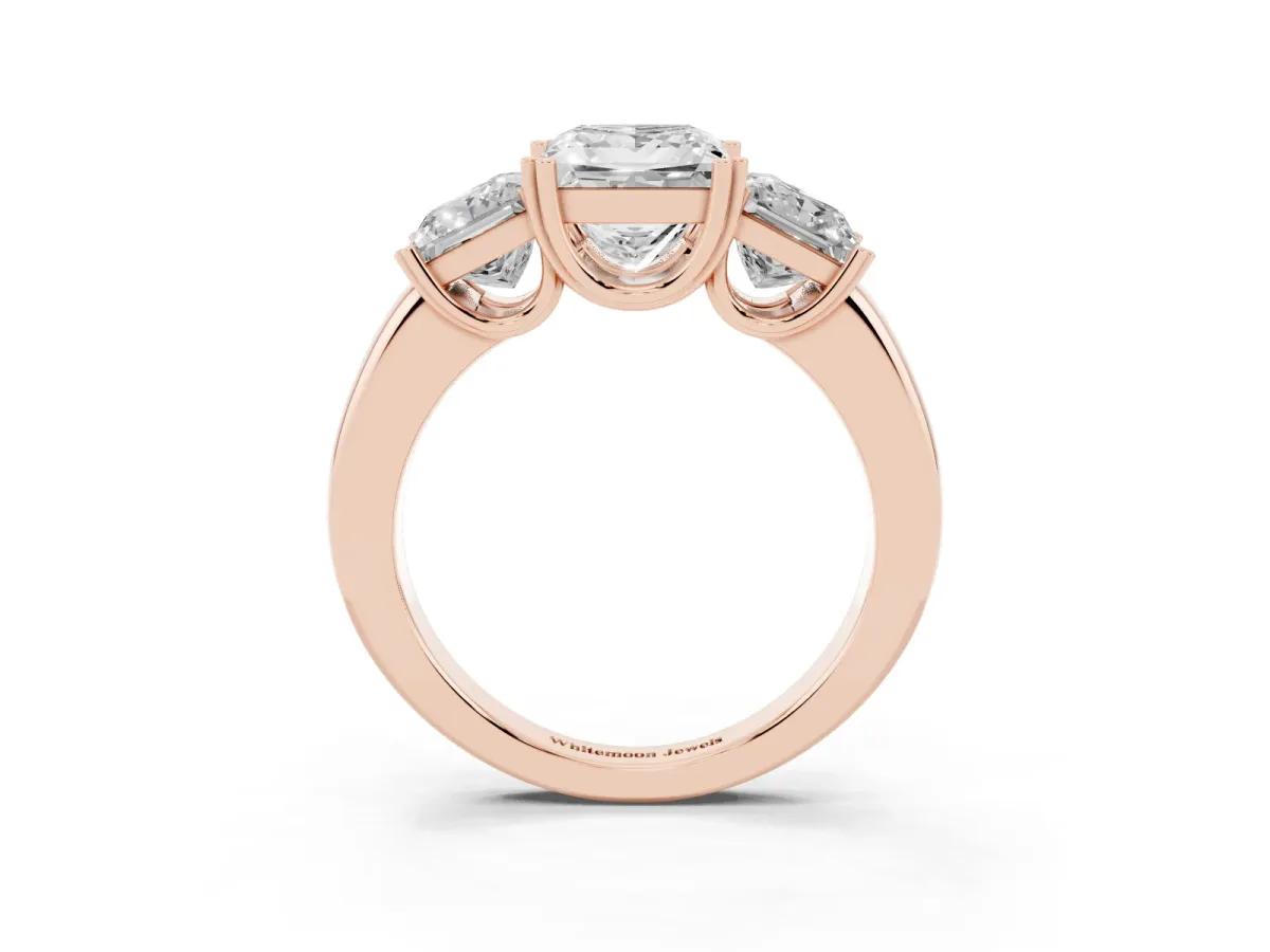 Three-Stone Princess Cut Cut Diamond Ring with Channel Set Band and Four-Prong Setting Rose gold