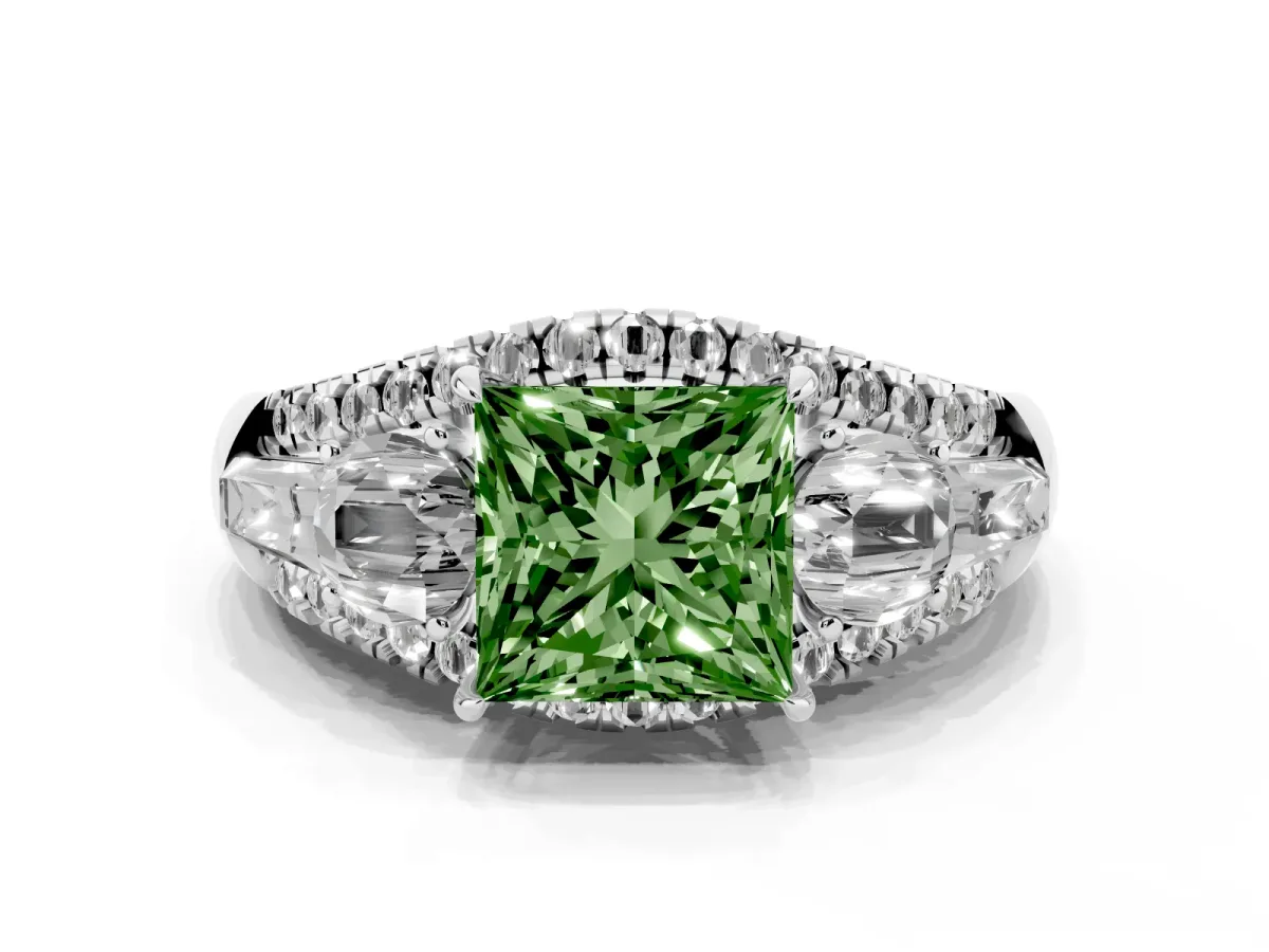 Fancy Green Three-Stone Princess Cut Diamond Engagement Ring with Pave Band and Prong Setting Silver