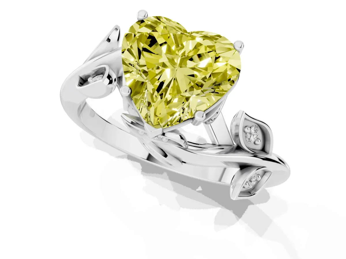 Fancy Yellow Heart Cut Solitaire Twist Engagement Ring with Leaf Accents and Prong Setting White gold