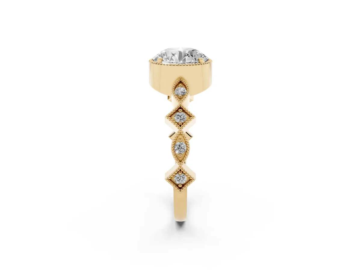 Round Cut Milgrain Marquise Diamond Twist Band Ring Yellow gold