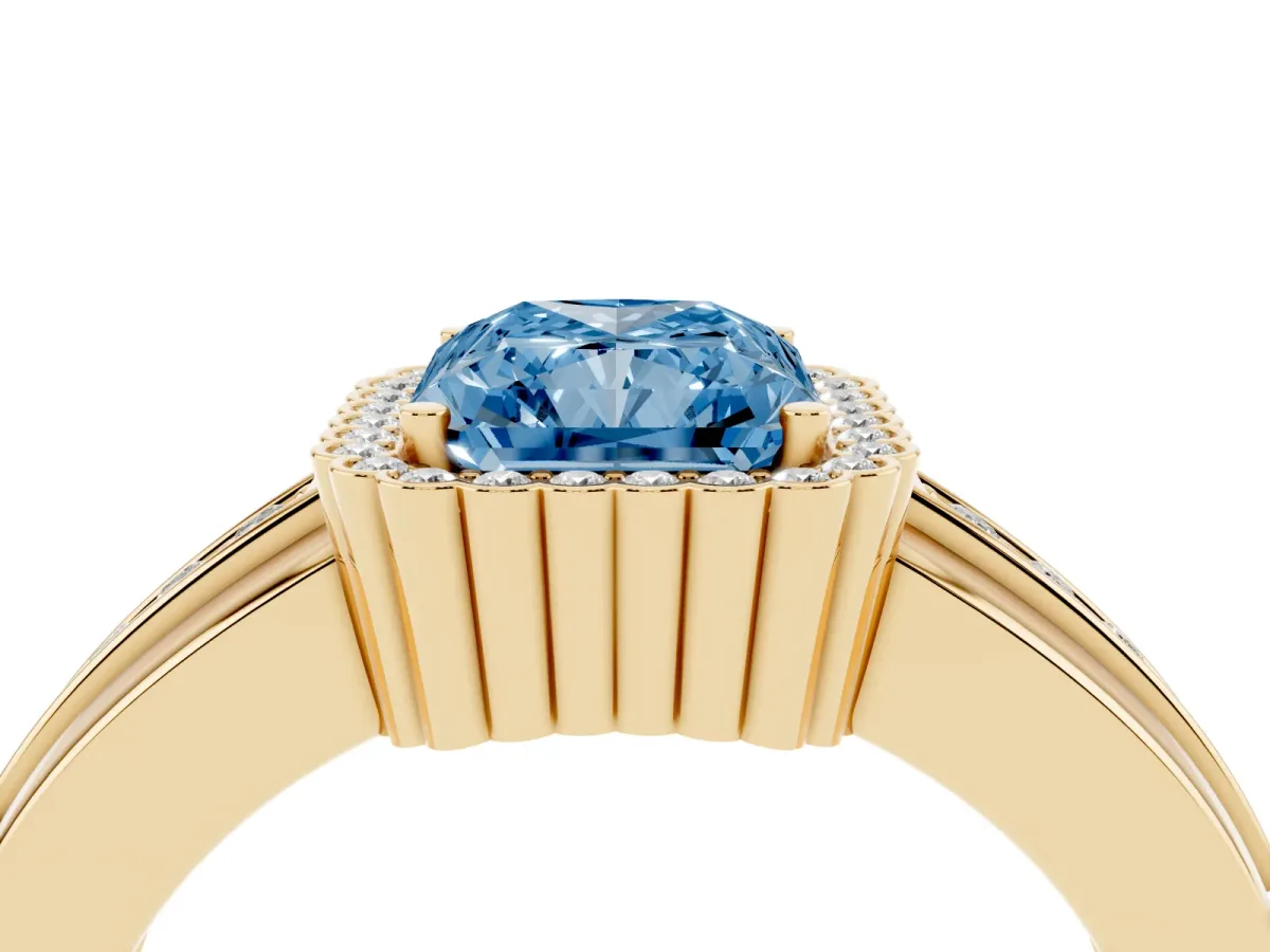 Fancy Blue Radiant Cut Cut Halo Pave Band Four-Prong Ring Yellow gold