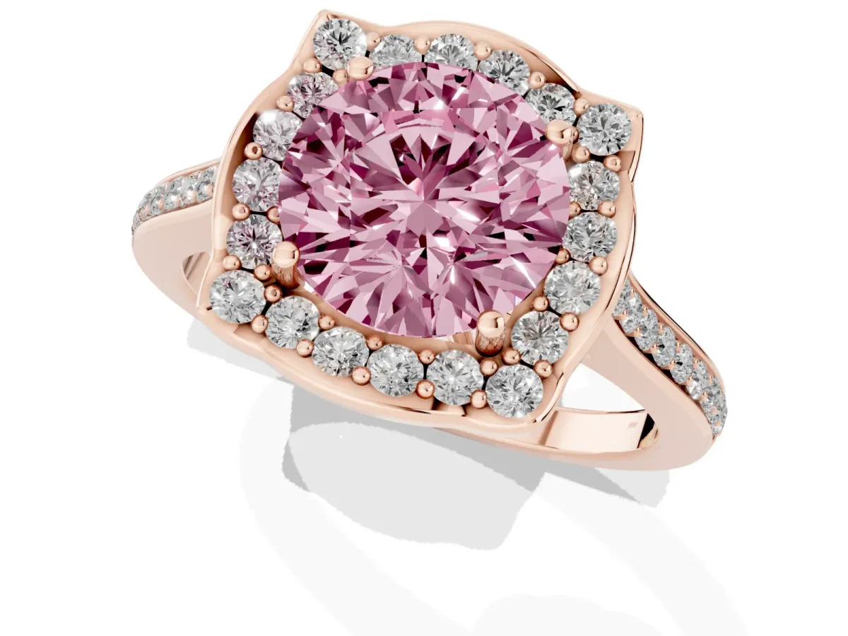 Fancy Pink Round Cut Halo Round Diamond Pave Band with Four-Prong Setting Rose gold