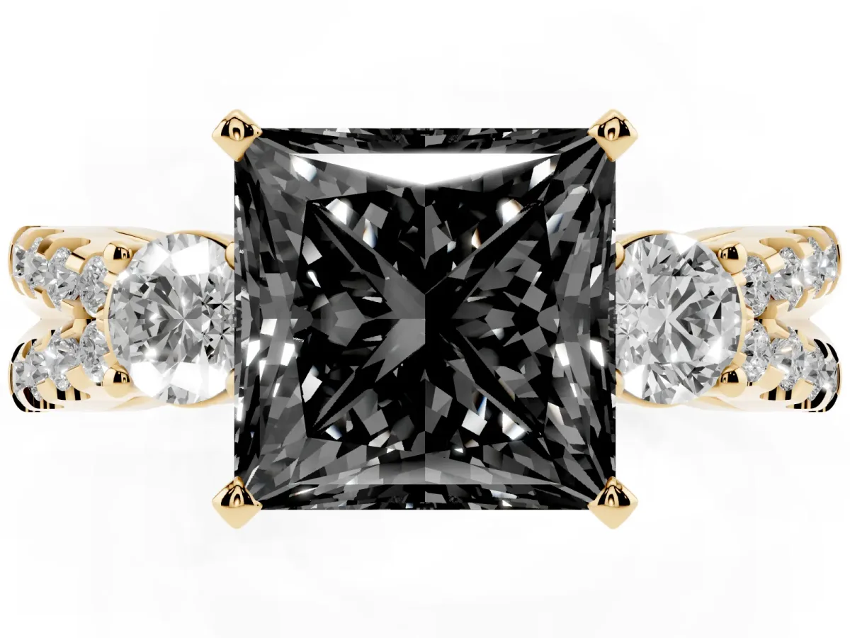 Fancy Black Princess Cut Diamond Three-Stone Ring with Pavé Split Shank and Four-Prong Setting Yellow gold
