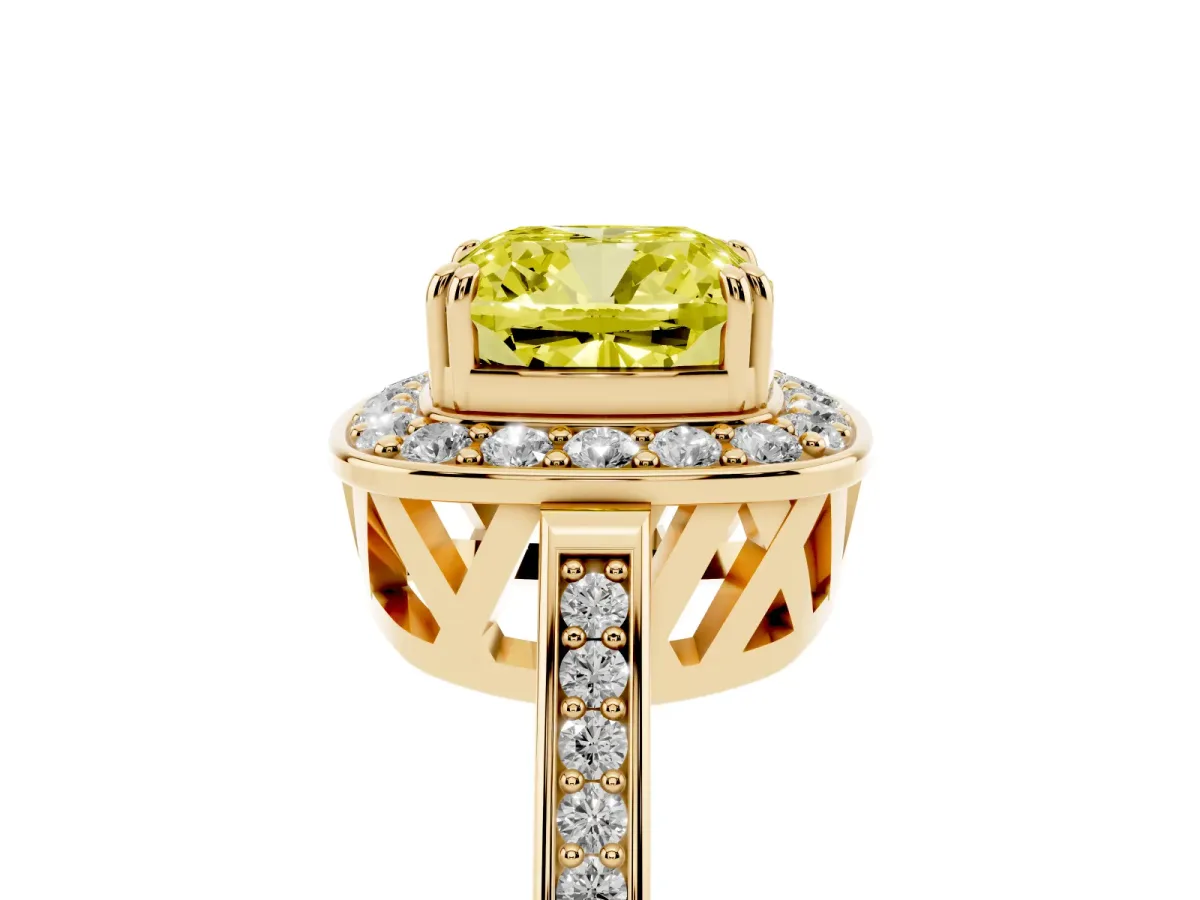 Fancy Yellow Cushion Cut Diamond Halo Ring with Split Shank and Four-Prong Setting Yellow gold