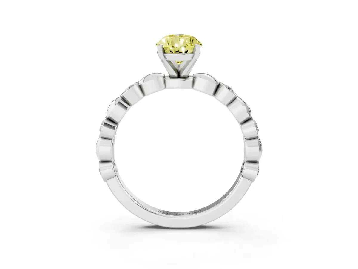 Fancy Yellow Pear Cut Solitaire Bezel-Set Diamond Ring with Beaded Band and Four-Prong Setting Silver