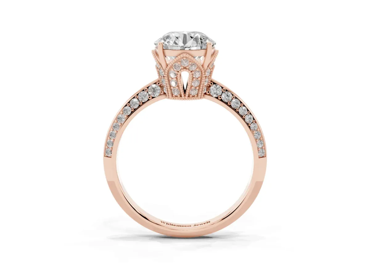 Round Cut Solitaire Split Shank Pave Diamond Engagement Ring with Four-Prong Setting Rose gold