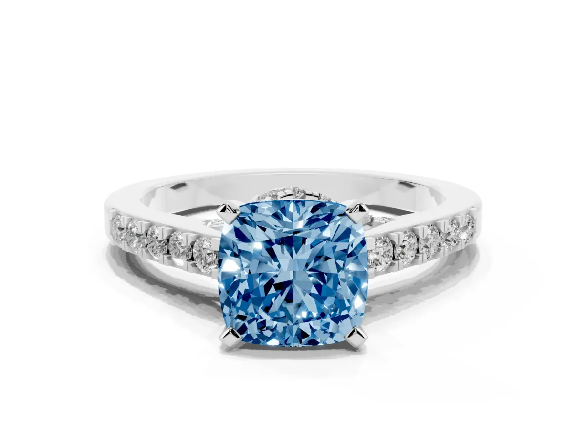 Fancy Blue Cushion Cut Diamond Solitaire Ring with Crossover Gallery and Round Pavé Band Silver