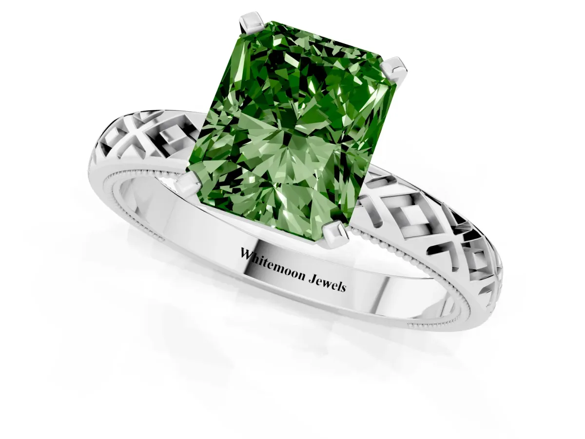 Fancy Green Radiant Cut Solitaire Diamond Ring with Milgrain and Black Enamel X Pattern Band Silver