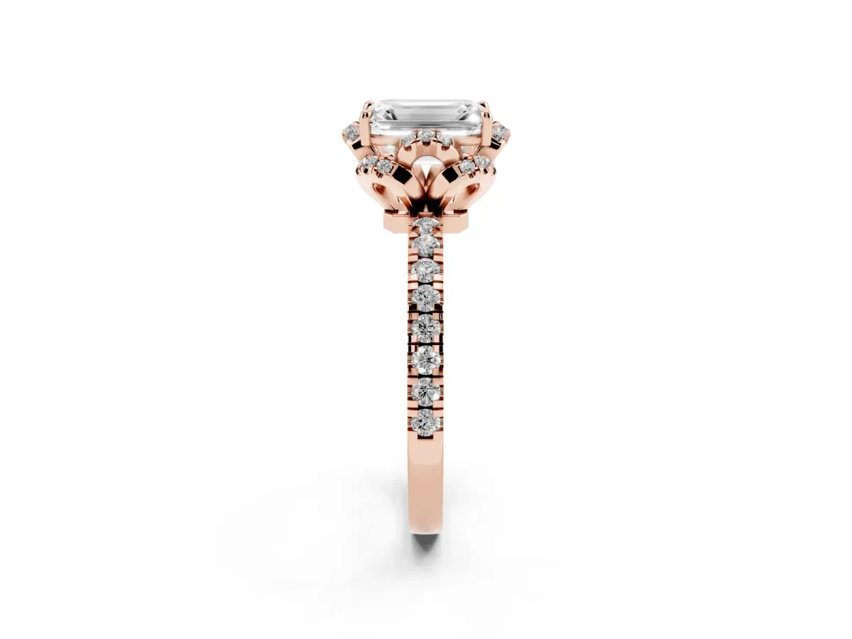 Emerald Cut Diamond Halo Pave Band with Four-Prong Setting Rose gold