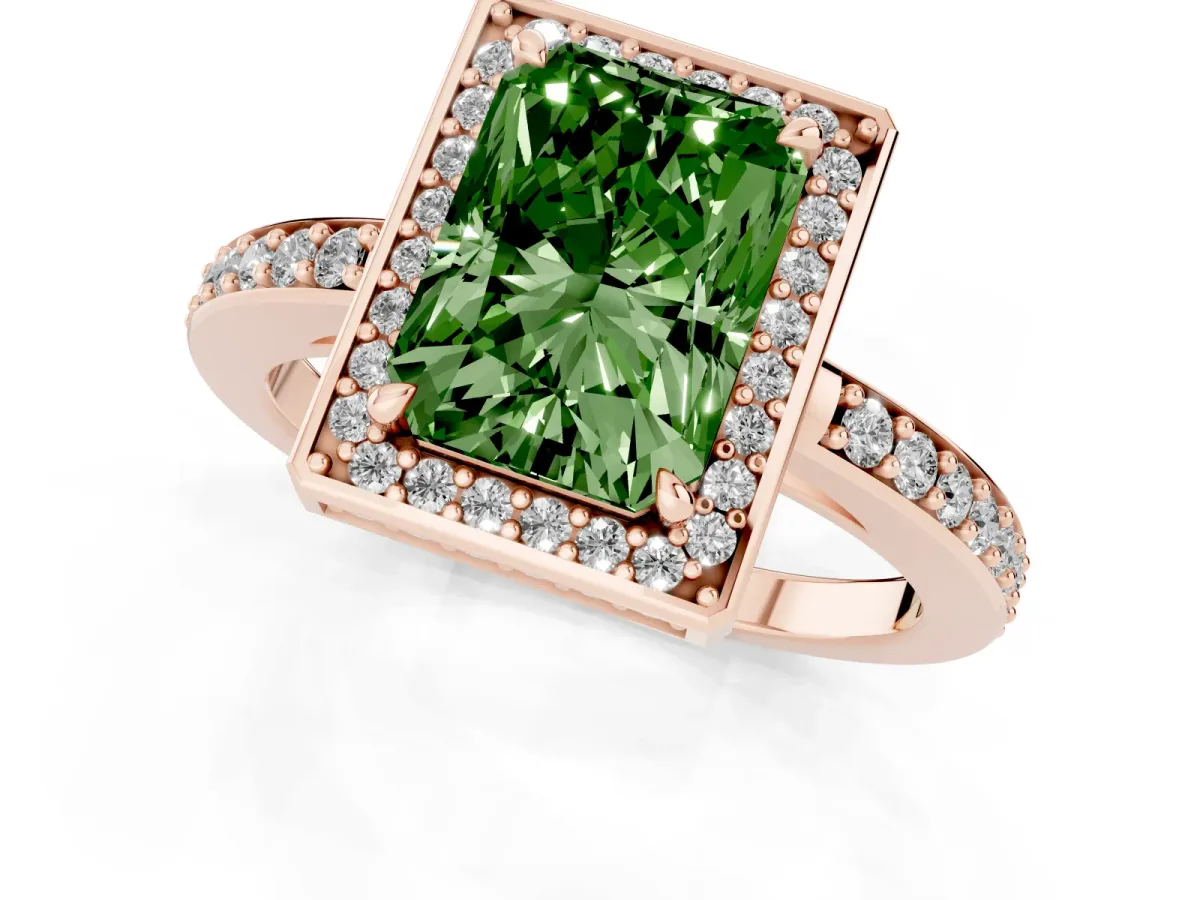 Fancy Green Radiant Cut Halo Pave Band Solitaire Ring with Prong Setting Rose gold