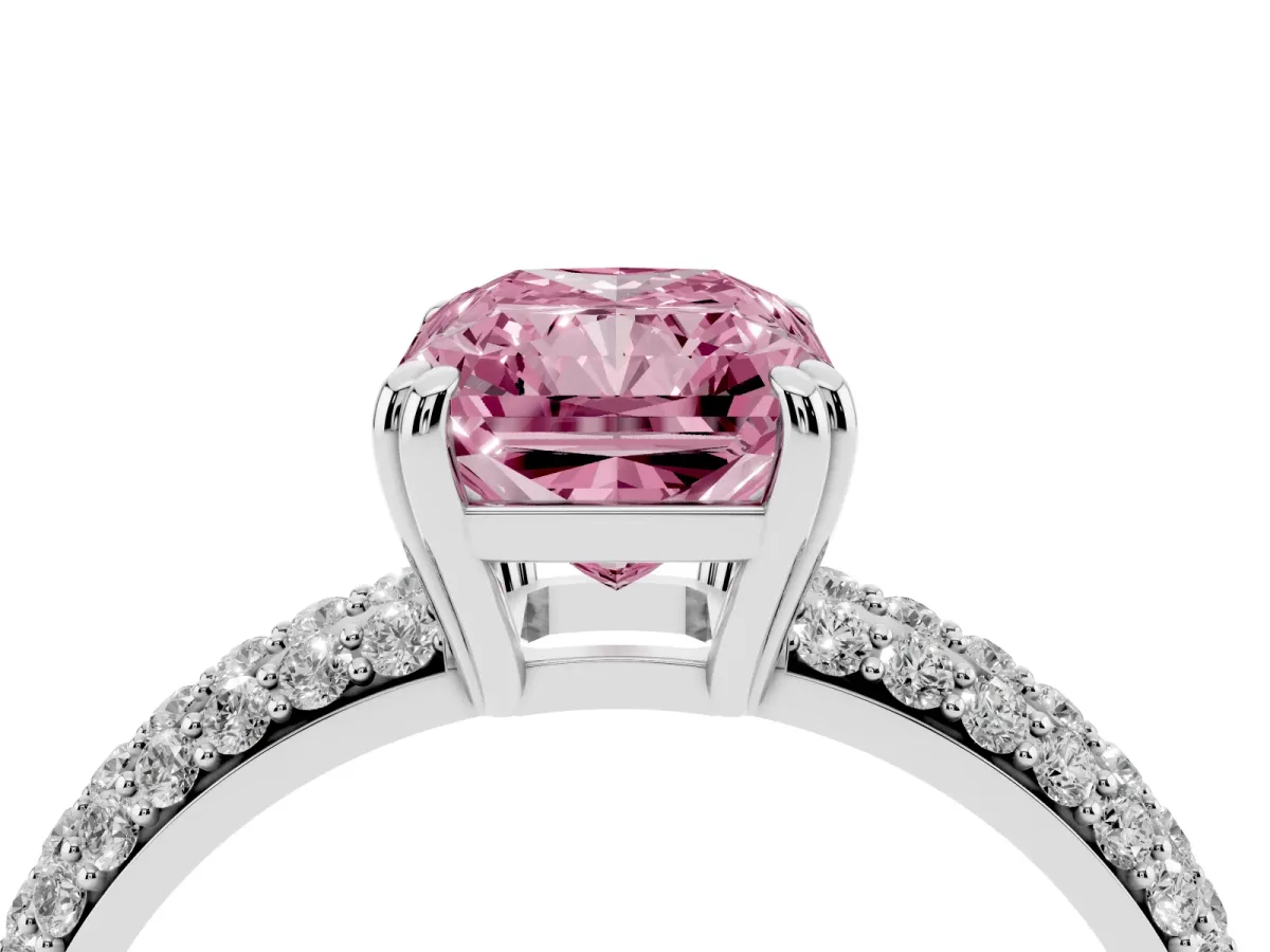 Fancy Pink Radiant Cut Diamond Solitaire Ring with Multi-Row Round Pavé Band and Prong Setting Silver