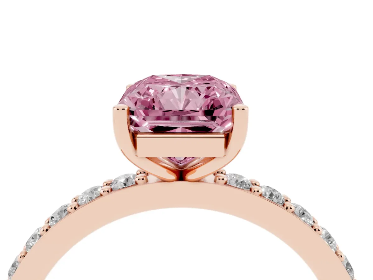 Fancy Pink Radiant Cut Cut Diamond Solitaire with Pave Band and Four-Prong Setting Rose gold
