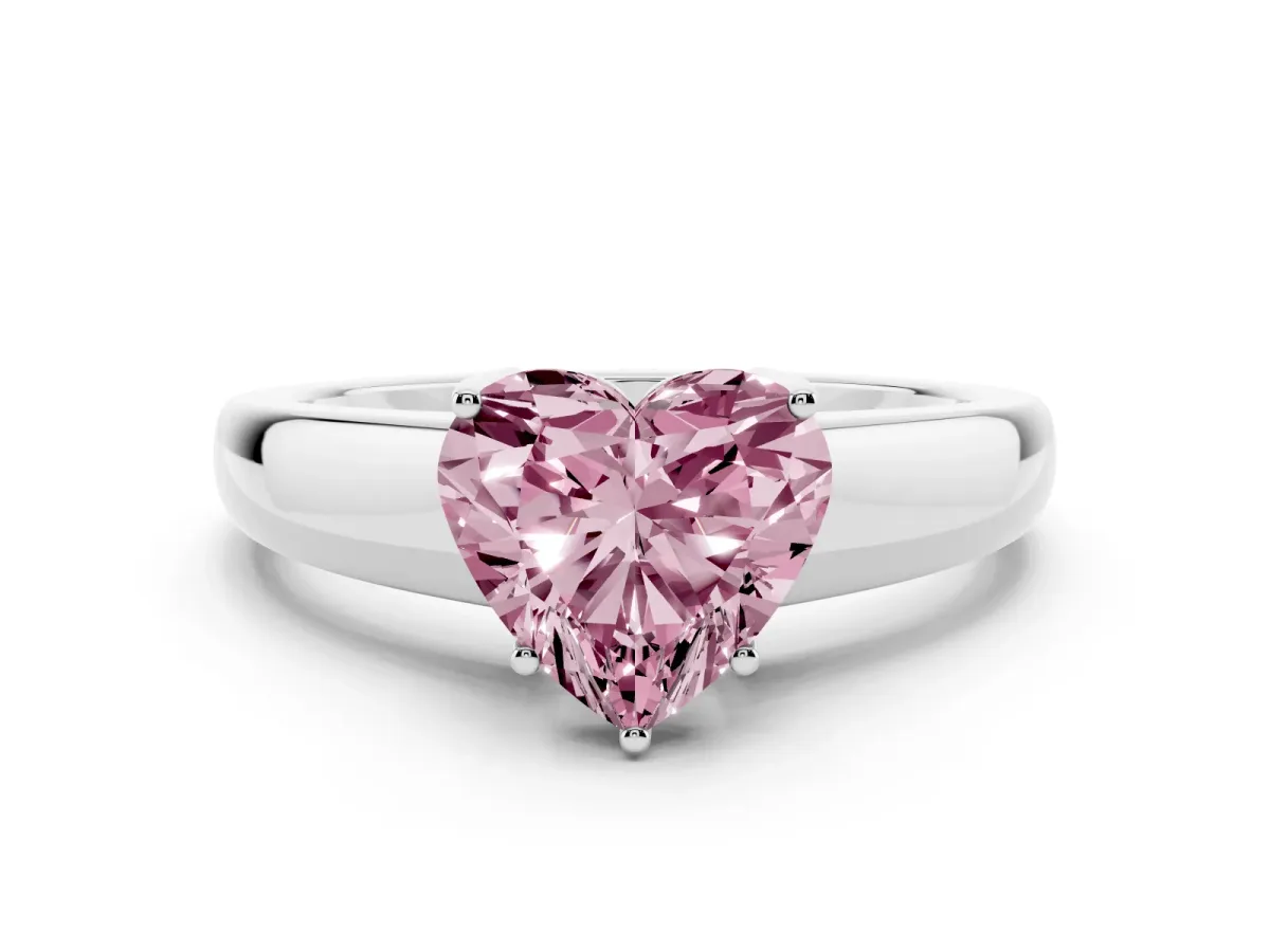 Fancy Pink Heart Cut Solitaire Diamond Ring with Tapered Band and Four-Prong Setting White gold