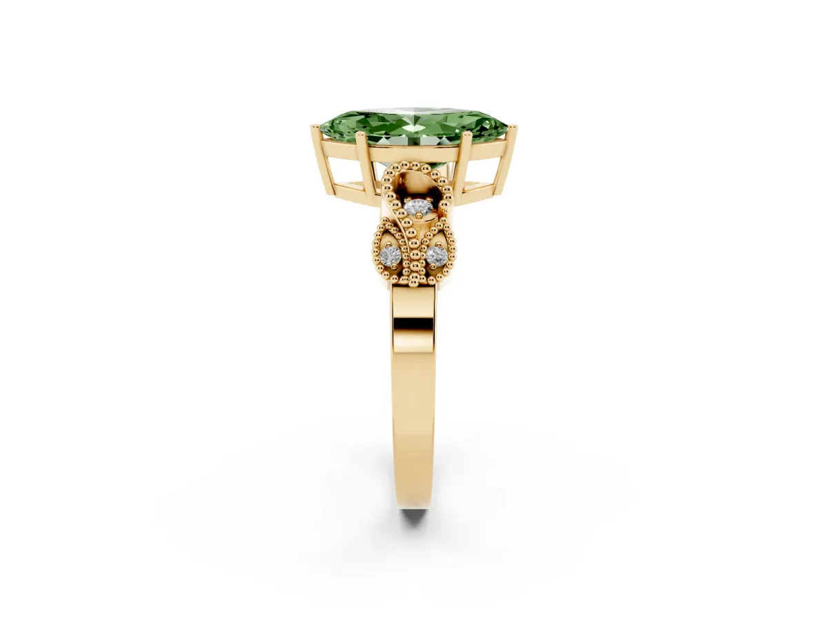 Fancy Green Marquise Cut Solitaire Milgrain Leaf Band with Prong Setting Yellow gold