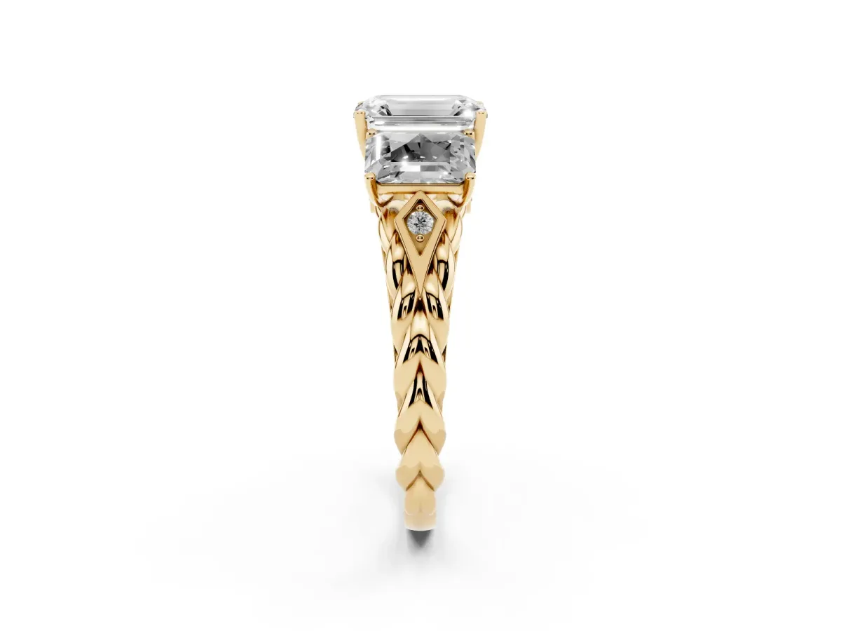Three-Stone Emerald Cut Diamond Braided Band Ring with Four-Prong Setting Yellow gold