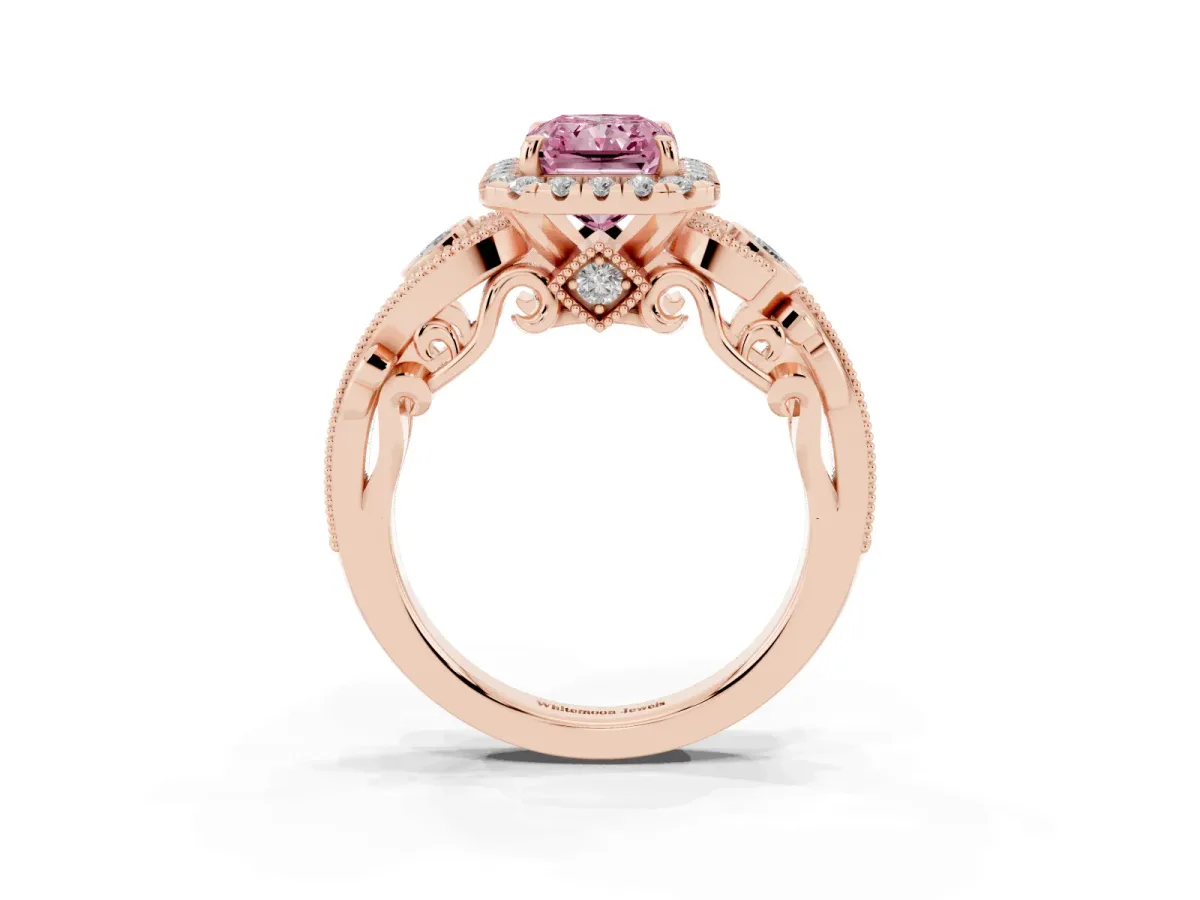 Fancy Pink Radiant Cut Halo Diamond Ring with Milgrain and Bezel Accents on a Split Shank Band Rose gold
