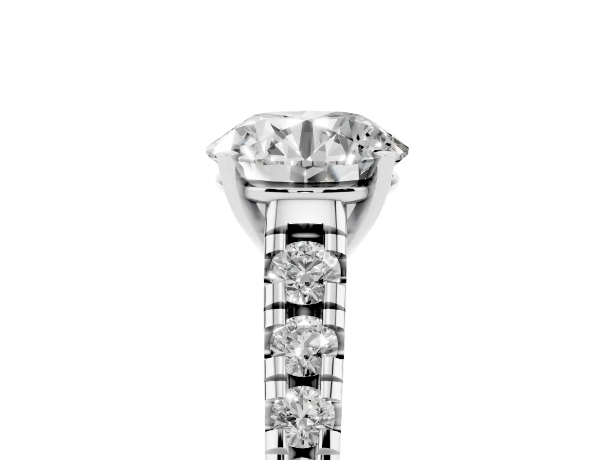 Round Cut Diamond Cathedral Solitaire Ring with Round Pavé Band Silver