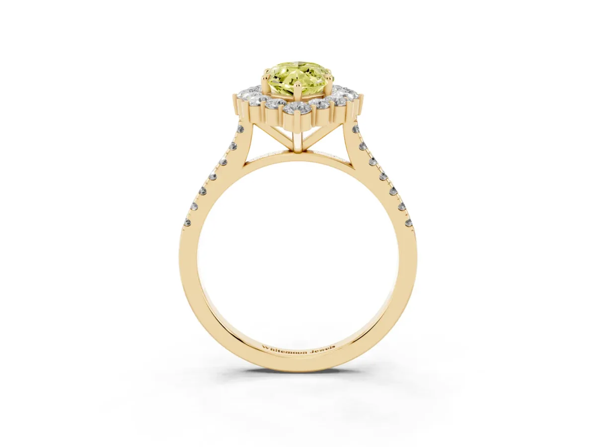 Fancy Yellow Marquise Cut Halo Diamond Ring with Pavé Band and Prong Setting Yellow gold