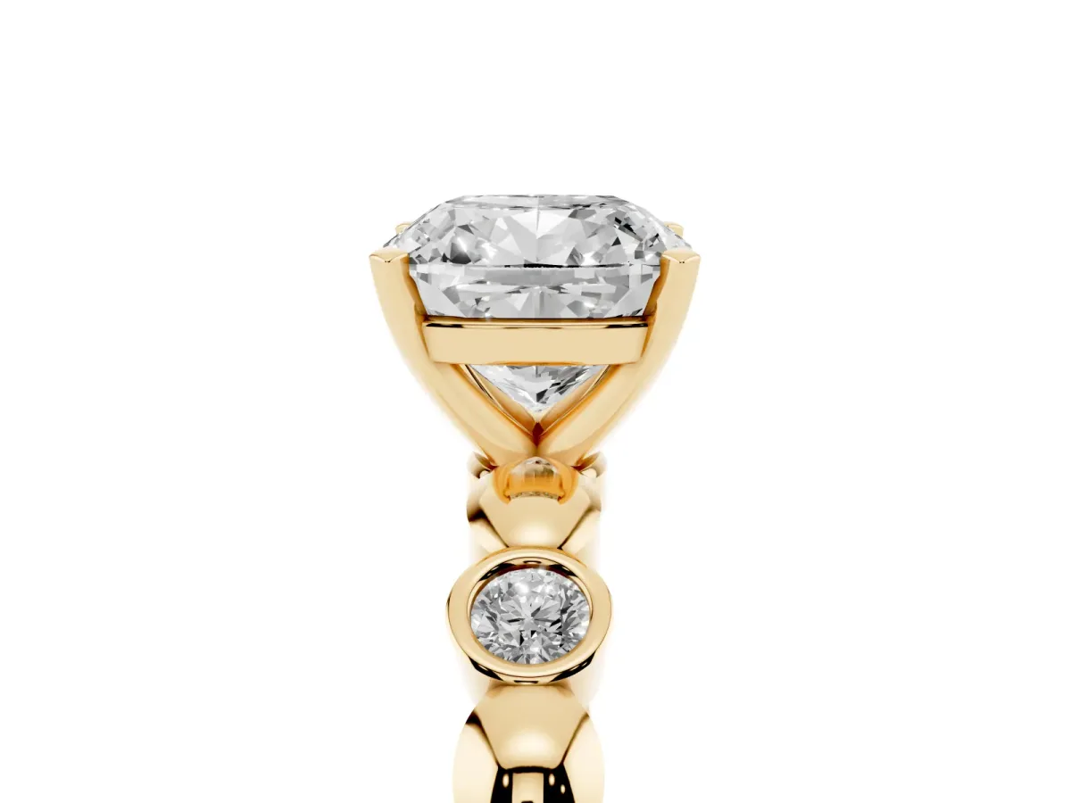 Cushion Cut Solitaire Bezel-Set Diamond Ring with Beaded Band and Four-Prong Setting Yellow gold