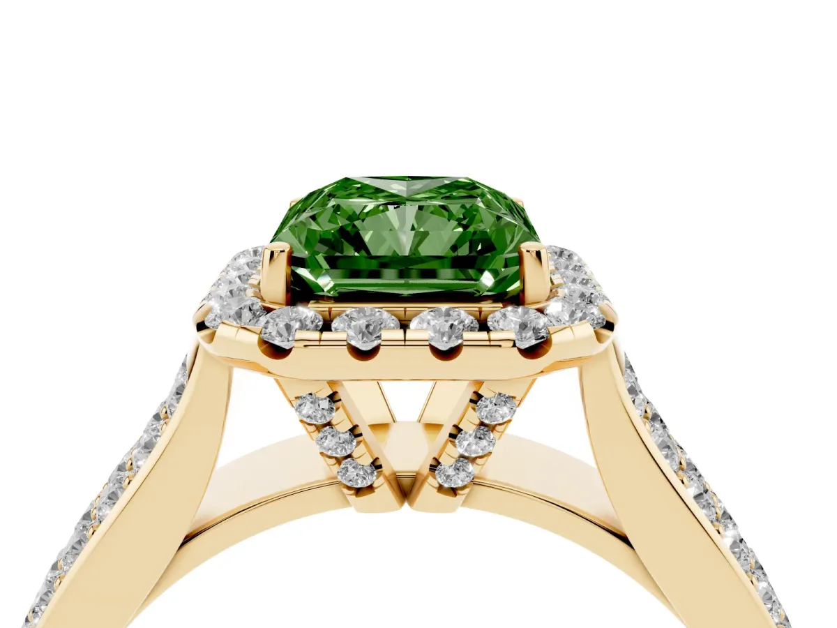 Fancy Green Radiant Cut Halo Round Diamond Pave Band with Prong Setting Yellow gold