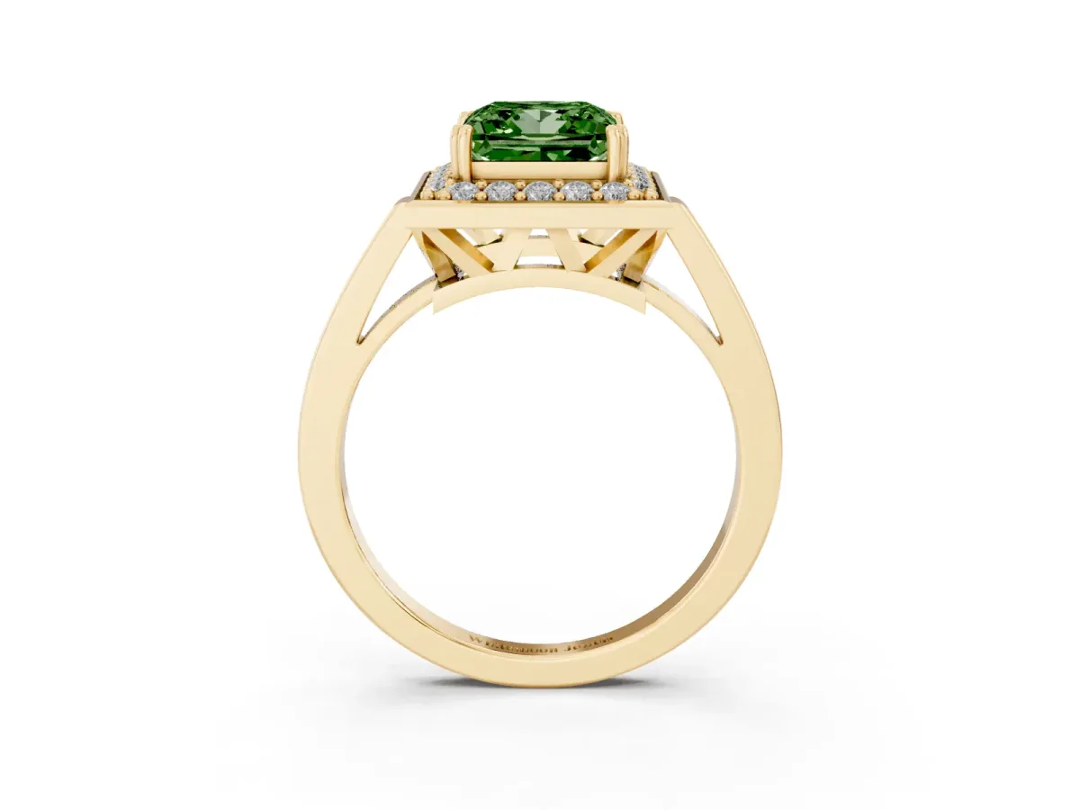 Fancy Green Princess Cut Diamond Halo Ring with Split Shank and Four-Prong Setting Yellow gold