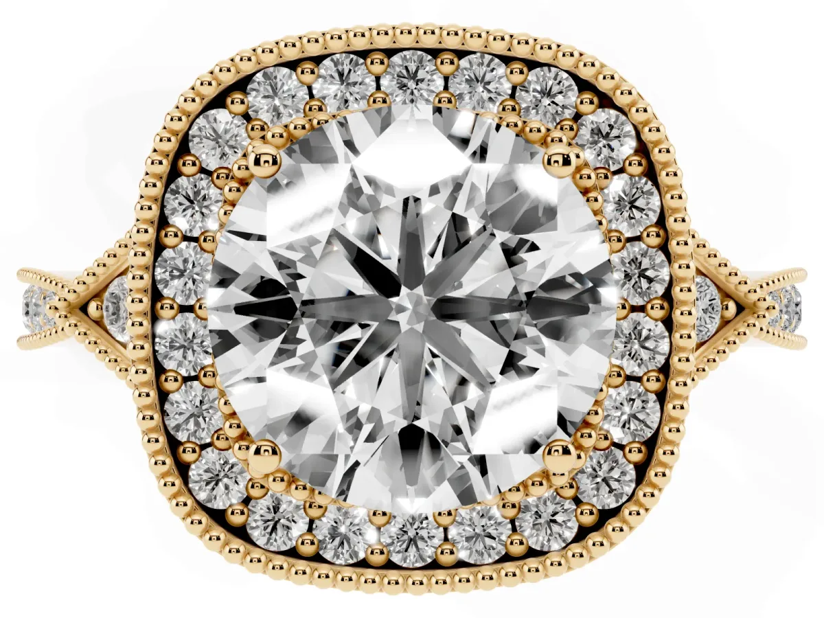 Round Cut Halo Round Diamond Milgrain Pave Engagement Ring Yellow gold
