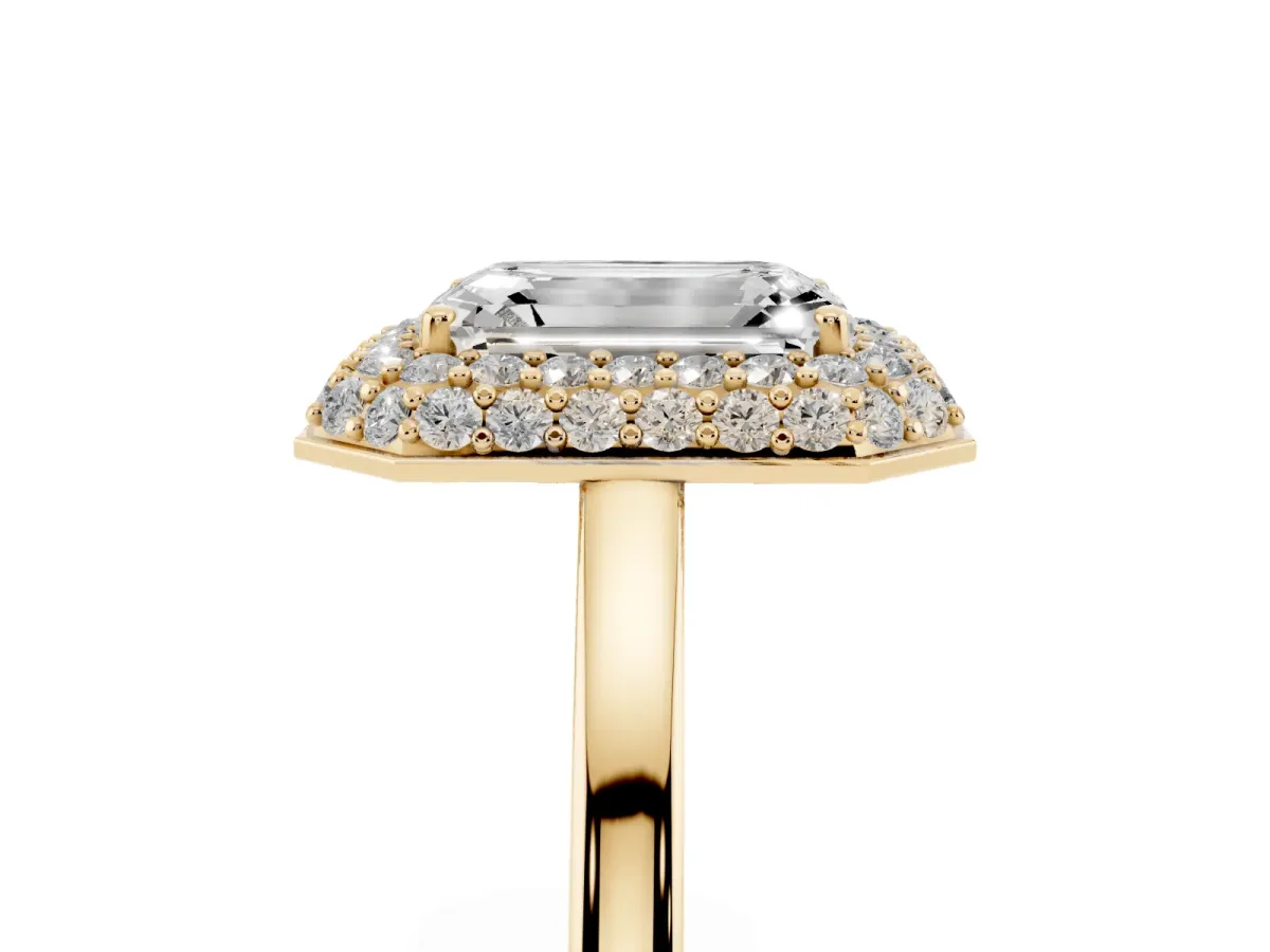 Emerald Cut Halo Diamond Engagement Ring with Solitaire Band and Four-Prong Setting Yellow gold